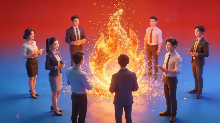 红橙光影映亮蓝色商务背景下活力青年团队，金色粒子升腾成火焰象征激励，借由高端渲染诠释中小企业薪酬体系打破平庸结构、激发员工热情的创新模式。