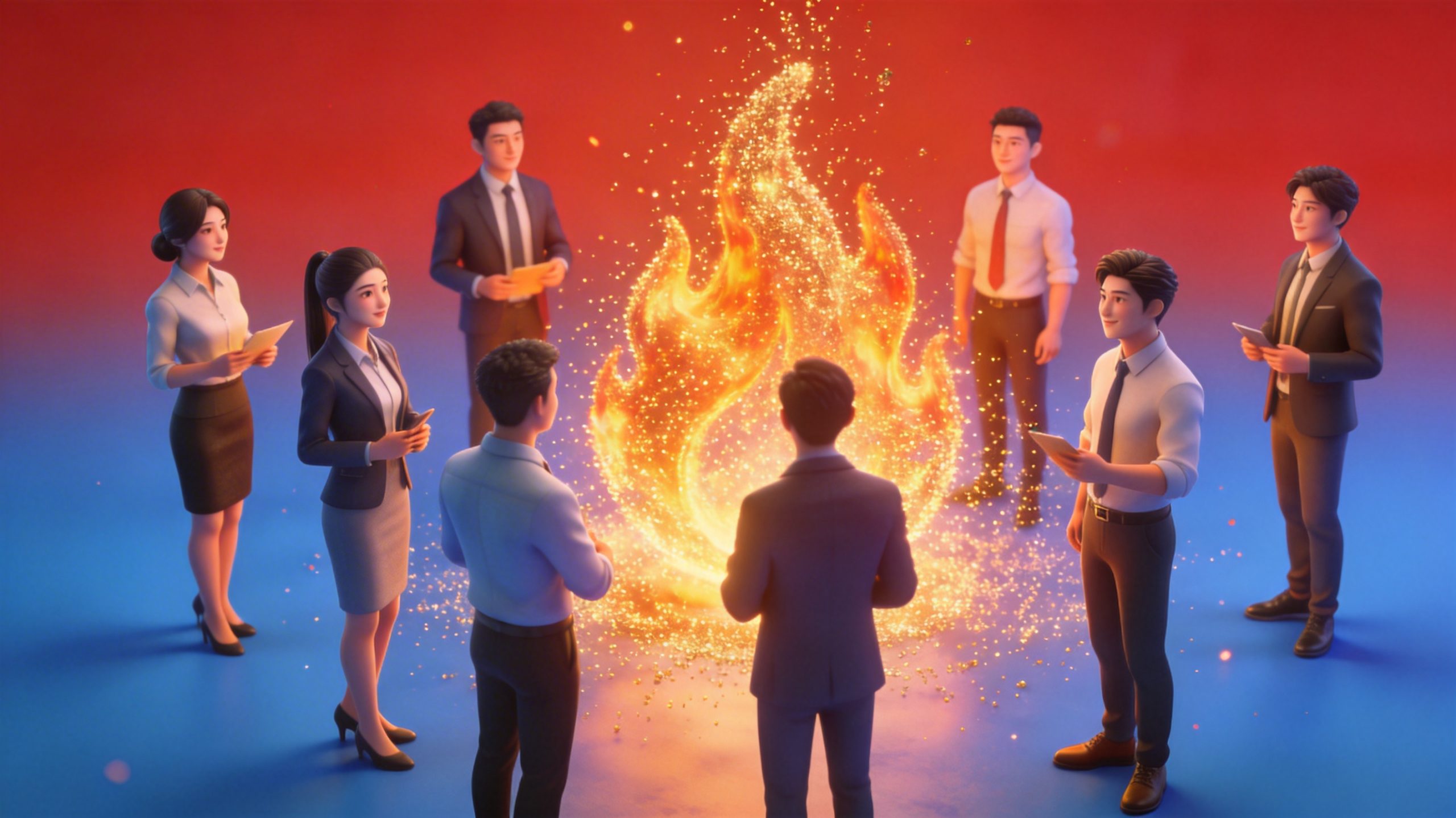 红橙光影映亮蓝色商务背景下活力青年团队,金色粒子升腾成火焰象征激励,借由高端渲染诠释中小企业薪酬体系打破平庸结构、激发员工热情的创新模式。