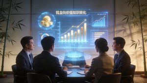 商务人士在蓝金办公室讨论,全息界面展示资金流向知识,竹叶点缀背景,渲染质感体现高效率,诠释中小企业员工培训需避免无效烧钱,聚焦价值投资回报。