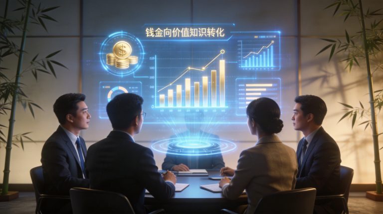 商务人士在蓝金办公室讨论，全息界面展示资金流向知识，竹叶点缀背景，渲染质感体现高效率，诠释中小企业员工培训需避免无效烧钱，聚焦价值投资回报。