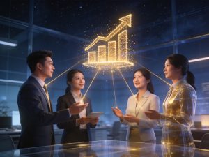 四位精英在三维透明办公室协作,中心悬浮金色粒子增长图,象征中小企业薪酬体系,光束连接人物寓意低成本高回报,深蓝香槟金调展现现代企业凝聚力。