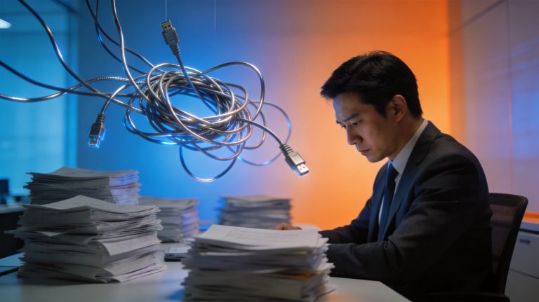 现代中国办公室中，亚裔经理凝重面对纠缠数据线与文件堆，商务蓝橙对比光影营造极简质感，画面诠释中小企业人力资源管理所遇困境及深层思考。