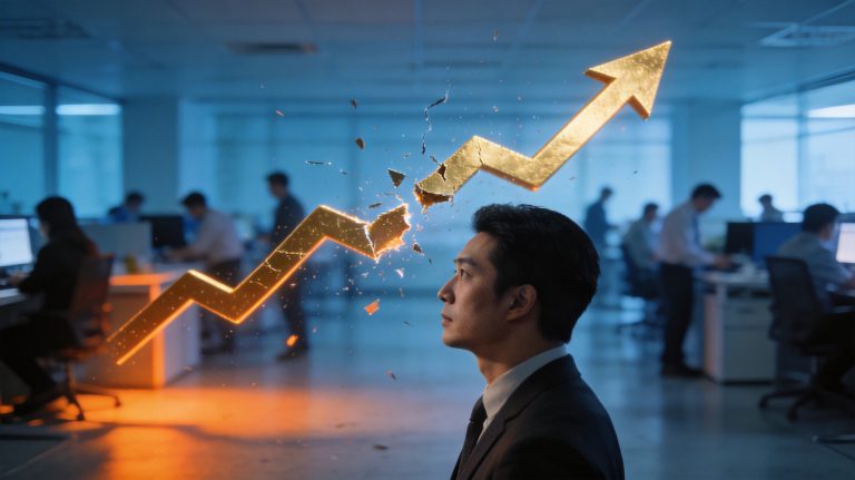 东亚员工凝视破碎悬浮的金色薪酬曲线，背景虚化忙碌团队。冷暖光影隐喻中小企业薪酬体系失衡致人才流失，展现东方职场特征与留任难题，传递警示意味。