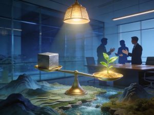 深蓝色调悬浮天平承载灰色成本块与发光幼苗背景融合办公山水暖光照耀亚洲商务团队剪影诠释中小企业企业文化建设是兼顾成本投入与长期成长战略投资。