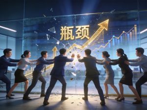 明亮办公区自信精英推碎瓶颈玻璃墙，碎片化作金色箭头，背景虚化增长图，深蓝配荣耀金，展现中小企业员工培训助力突破限制、创新进取的商业插画。