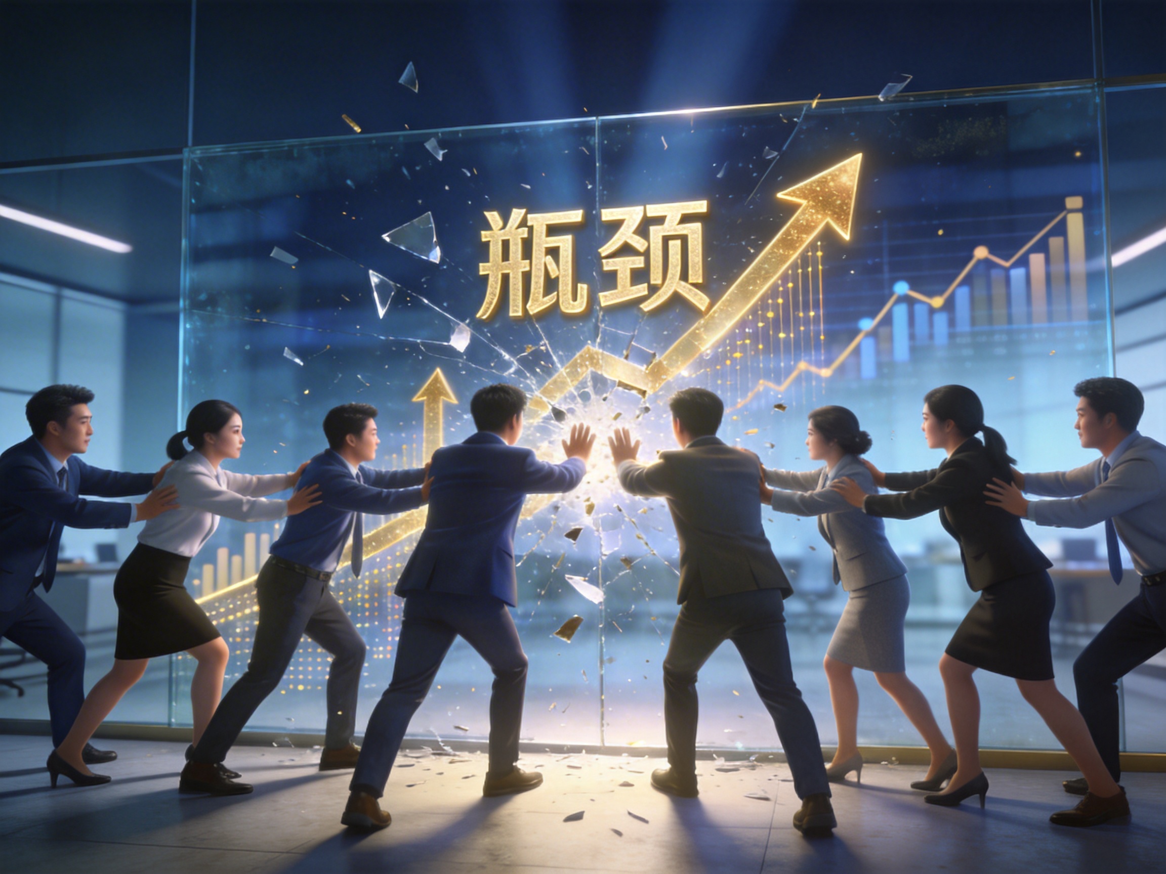 明亮办公区自信精英推碎瓶颈玻璃墙,碎片化作金色箭头,背景虚化增长图,深蓝配荣耀金,展现中小企业员工培训助力突破限制、创新进取的商业插画。