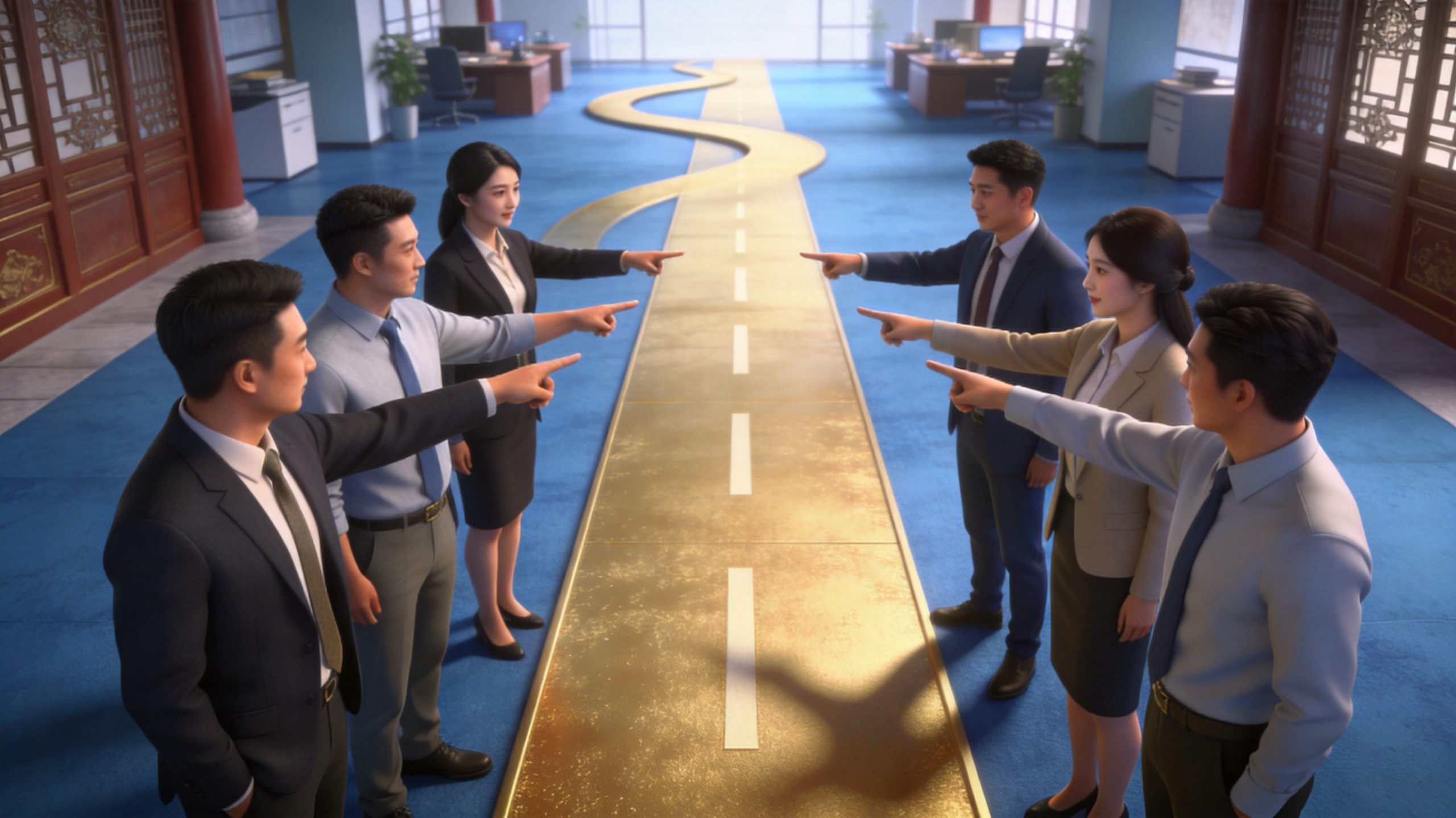 商务人士指向金色直道避开阴影，象征文化指引方向，蓝金配色彰显战略清晰，契合中小企业企业文化建设，寓意企业发展路径清晰，助力企业避免弯路。